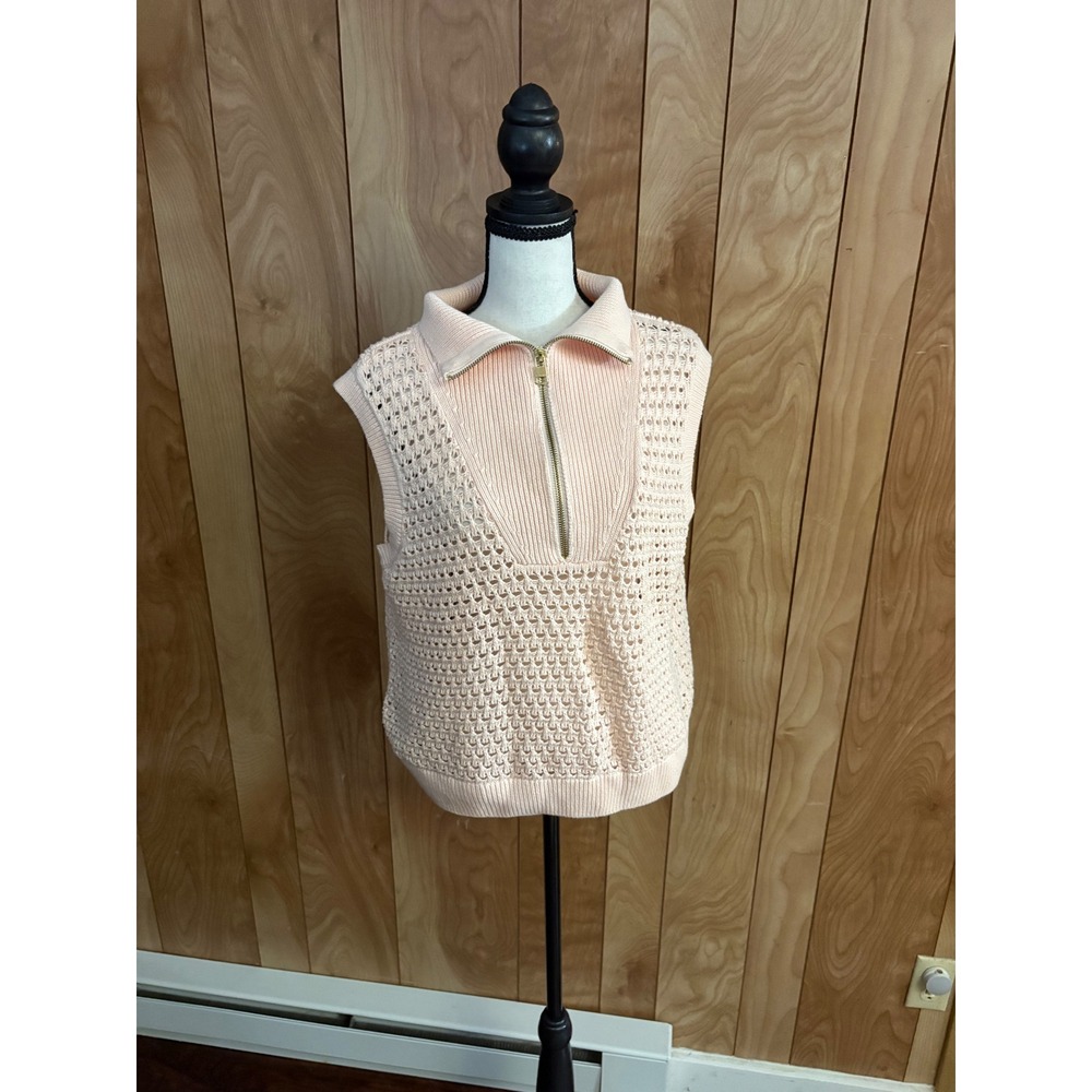 Varley Peach Cotton Crochet Knit Half Zip Sweater Vest Large